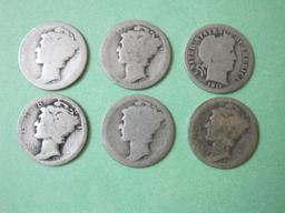 Five Silver Mercury Dimes and one 1911 Silver Barber Dime 13.1 g