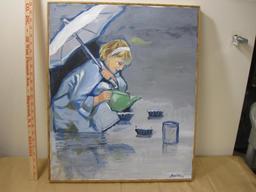 Original Oil Painting, Girl in the Rain, 25 inches by 20 inches