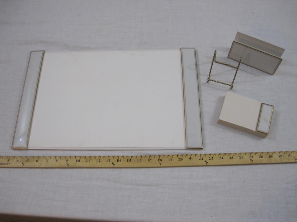 Vintage Fitz and Floyd Desk Set with Desk Pad, White Notepad, White Letter Holder, and Gold-Tone