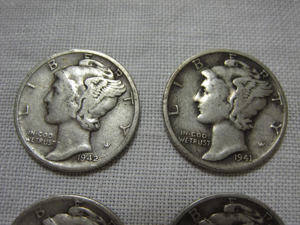 Four Silver Mercury Dimes including 1939D, 1941D, 1942D and 1944D, 9.8 g