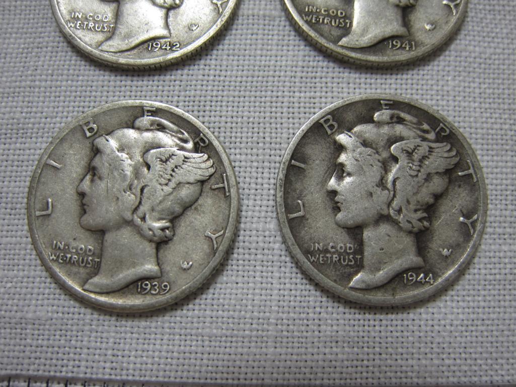 Four Silver Mercury Dimes including 1939D, 1941D, 1942D and 1944D, 9.8 g