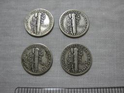 Four Silver Mercury Dimes including 1939D, 1941D, 1942D and 1944D, 9.8 g