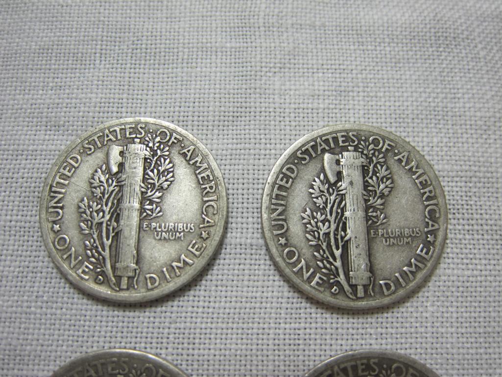 Four Silver Mercury Dimes including 1939D, 1941D, 1942D and 1944D, 9.8 g