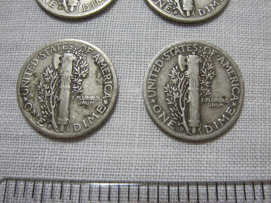 Four Silver Mercury Dimes including 1939D, 1941D, 1942D and 1944D, 9.8 g