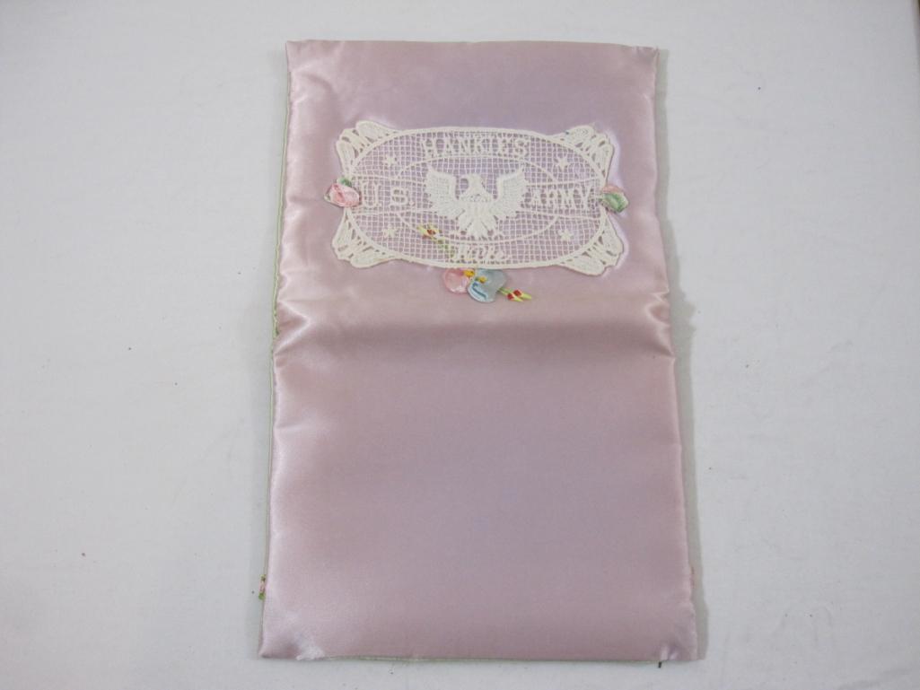 Vintage US Army Wife Hankies Satin Folder with Embroidered Hankie, 3 oz