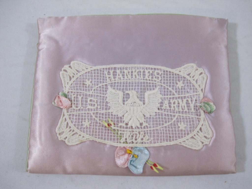 Vintage US Army Wife Hankies Satin Folder with Embroidered Hankie, 3 oz