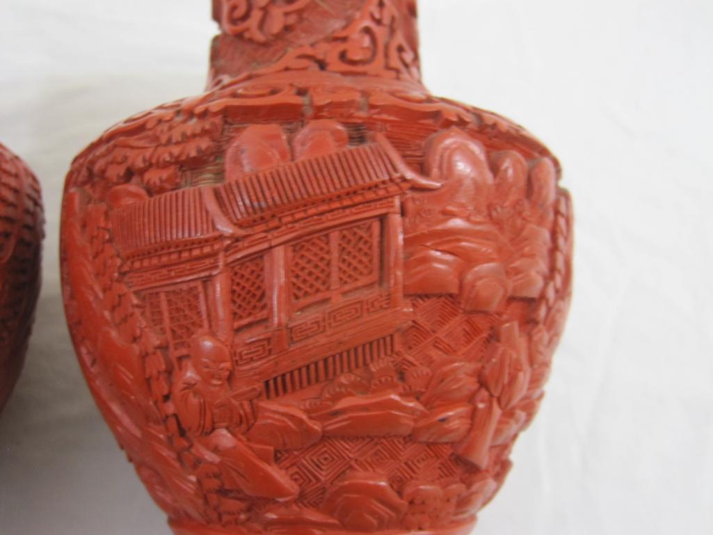 Pair of Vintage Chinese Carved Cinnabar Vases, see pictures for condition, 1 lb 9 oz