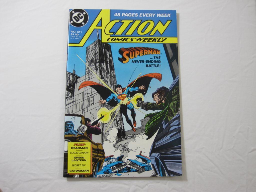 Four Comic Book Issues of Action Comics Weekly Nos. 610-613, DC Comics 1988, 10 oz