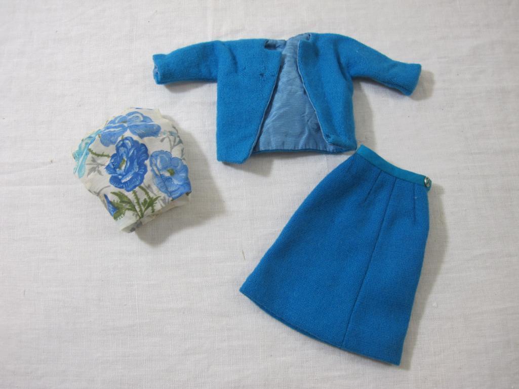 Lot of Vintage Barbie Clothes including blue skirt & jacket set, licensed Barbie striped skirt and