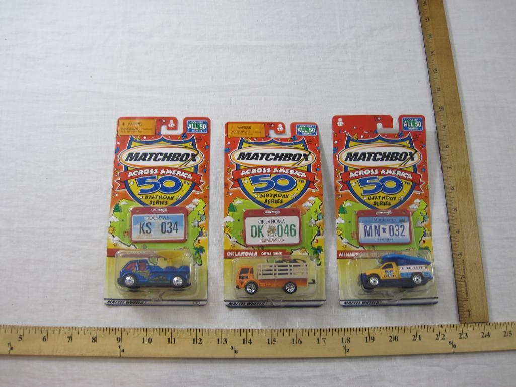 Three Matchbox Across America 50th Birthday Series Cars including Kansas Weather Radar Truck,