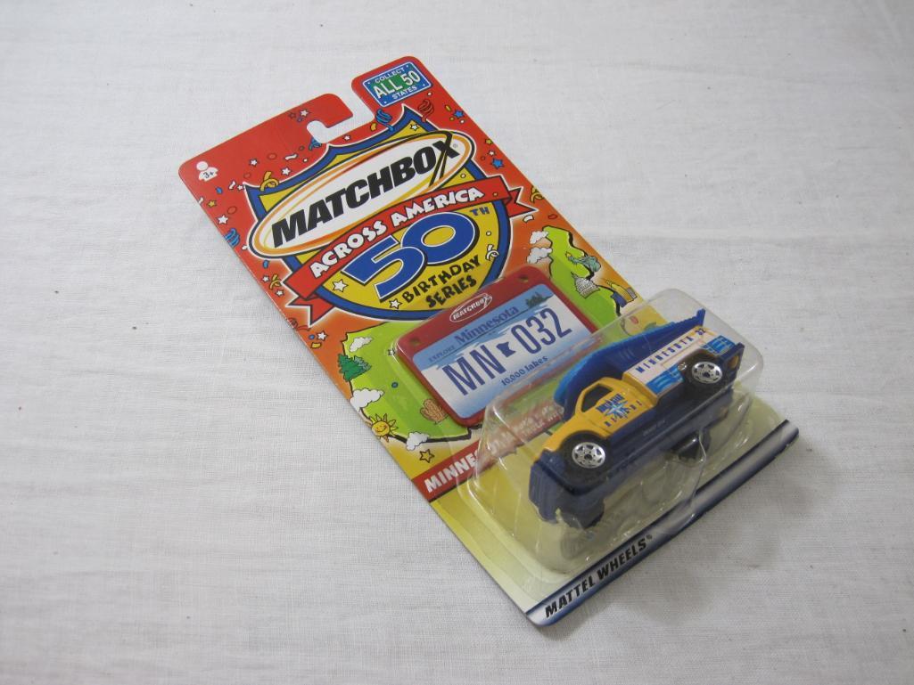 Three Matchbox Across America 50th Birthday Series Cars including Kansas Weather Radar Truck,