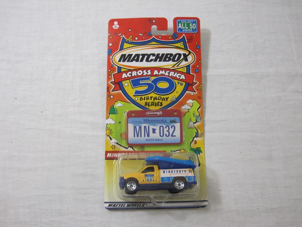 Three Matchbox Across America 50th Birthday Series Cars including Kansas Weather Radar Truck,