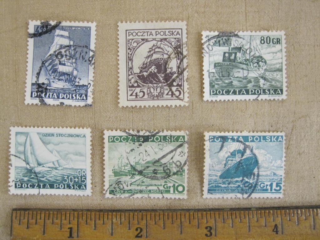 Lot of 6 canceled vintage Poland postage stamps featuring ships.