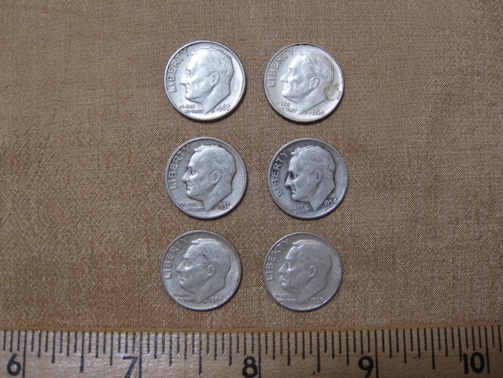 Lot of 6 Roosevelt Silver Dimes: 1951, 1954-D, 1959, 1963 (2),1964. 14.9 g