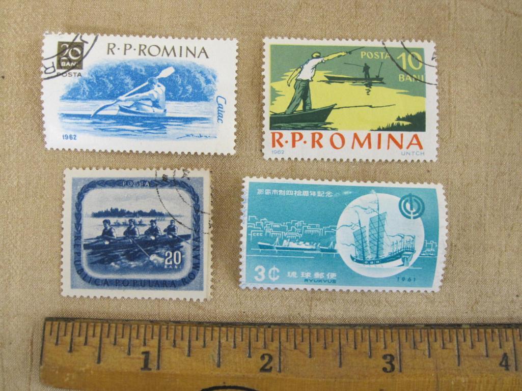 Lot of 4 postage stamps, including three canceled Romania stamps (2 of them from 1962 and picturing