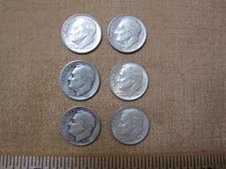 Lot of 6 Silver Roosevelt Dimes: 1947, 1953-D, 1961-D, 1962-D, 1963, 1964. 15 g