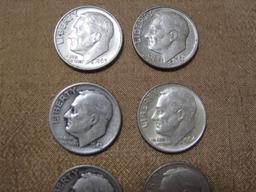 Lot of 6 Silver Roosevelt Dimes: 1947, 1953-D, 1961-D, 1962-D, 1963, 1964. 15 g