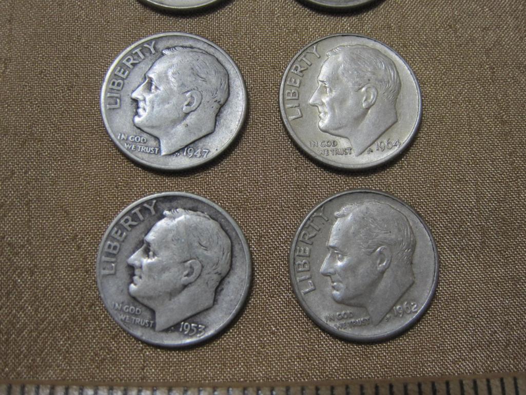 Lot of 6 Silver Roosevelt Dimes: 1947, 1953-D, 1961-D, 1962-D, 1963, 1964. 15 g