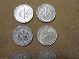 Lot of 6 Silver Roosevelt Dimes: 1947, 1953-D, 1961-D, 1962-D, 1963, 1964. 15 g