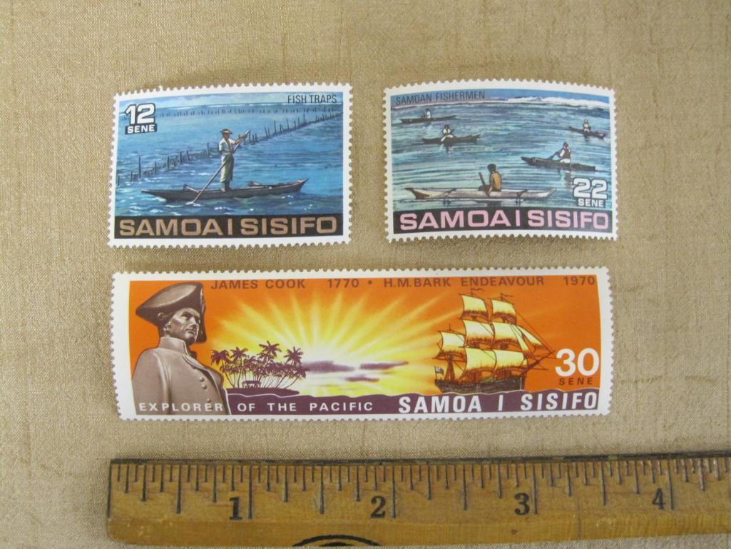 Lot of 3 Samoa I Sisifo postage stamps, 1 picturing James Cook and 2 of fishermen.