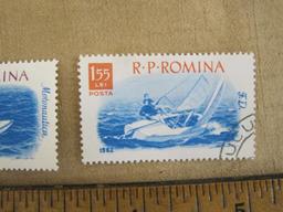 Lot of 3 canceled Romania postage stamps, including 2 1962 water sports stamps, #s 1484-1485