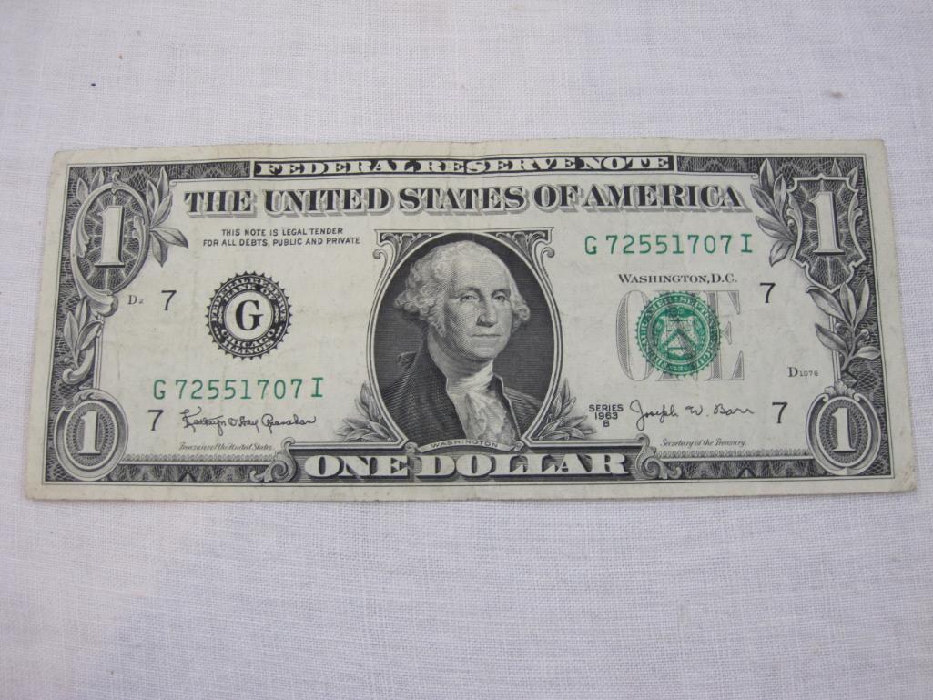 Three Series 1963 B Joseph W Barr Signed One Dollar Bills: G72551707I, G97798300H & J20148878C