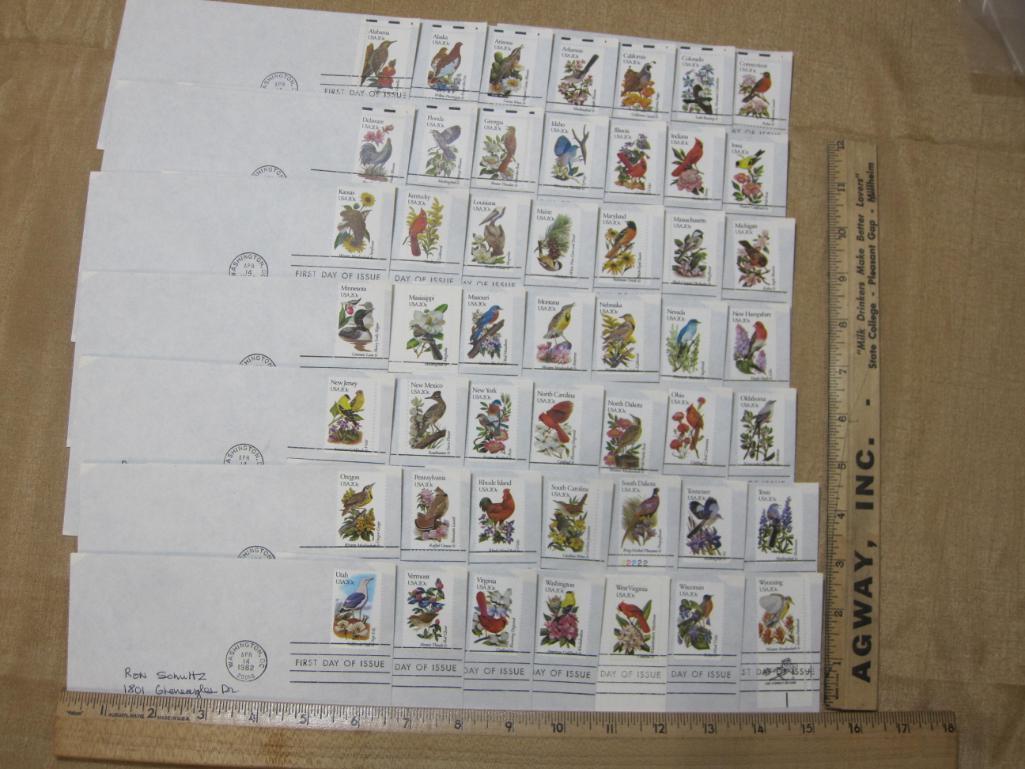 Lot of 49 20-cent State First Day of Issue Stamps from 1982, includes all states except Hawaii