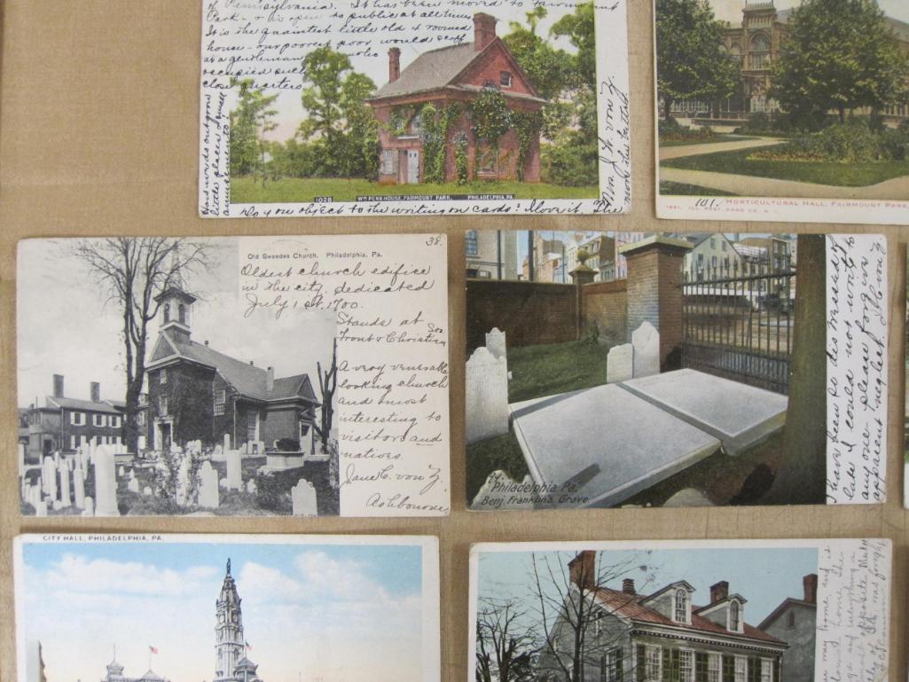 Lot of 8 vintage Philadelphia postcards that include Ben Franklin's grave and the William Penn House