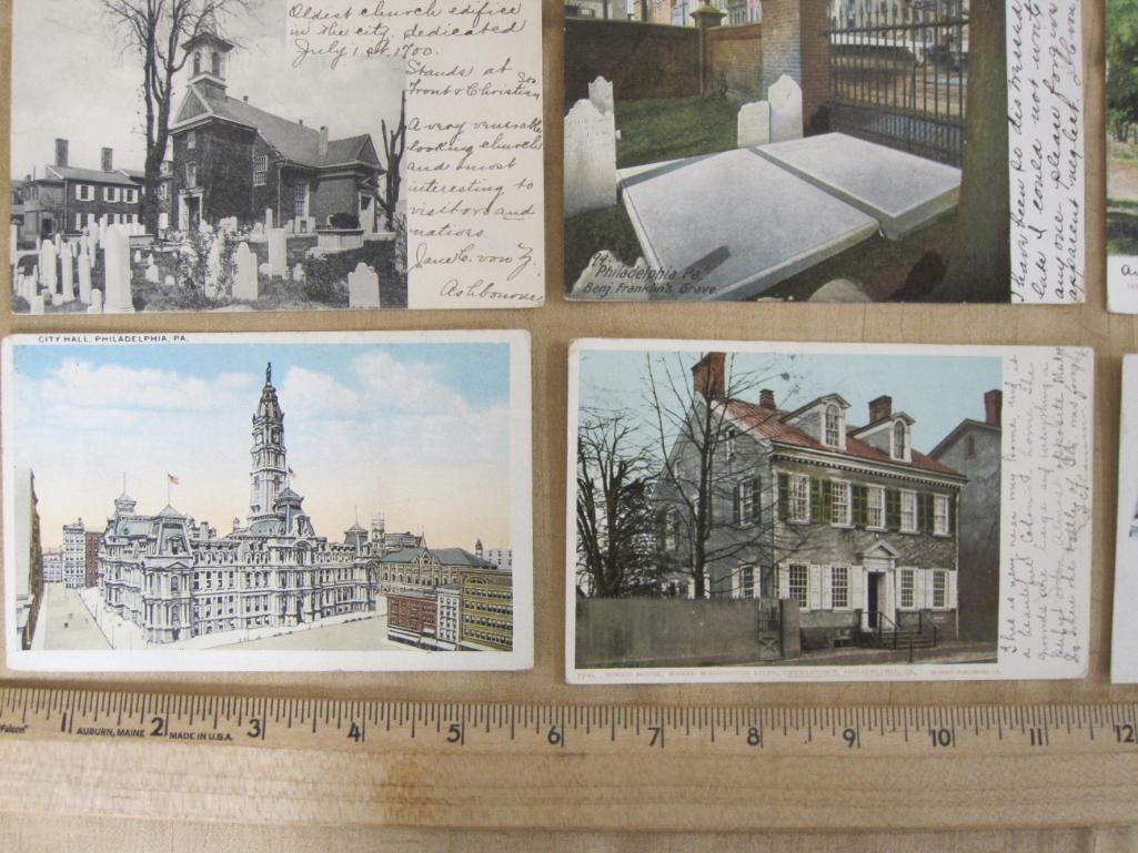 Lot of 8 vintage Philadelphia postcards that include Ben Franklin's grave and the William Penn House