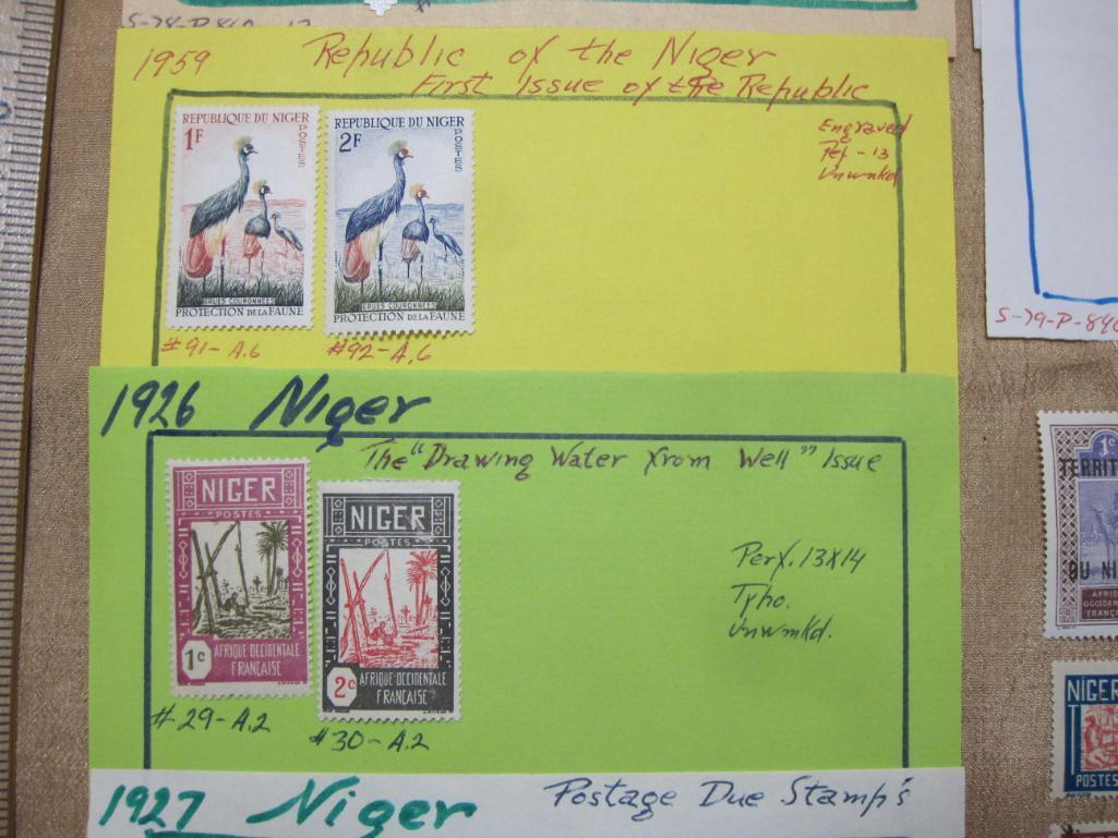 Lot of 20 1920s to 1960s Niger postage stamps. Six are loose. The rest are attached to small pieces