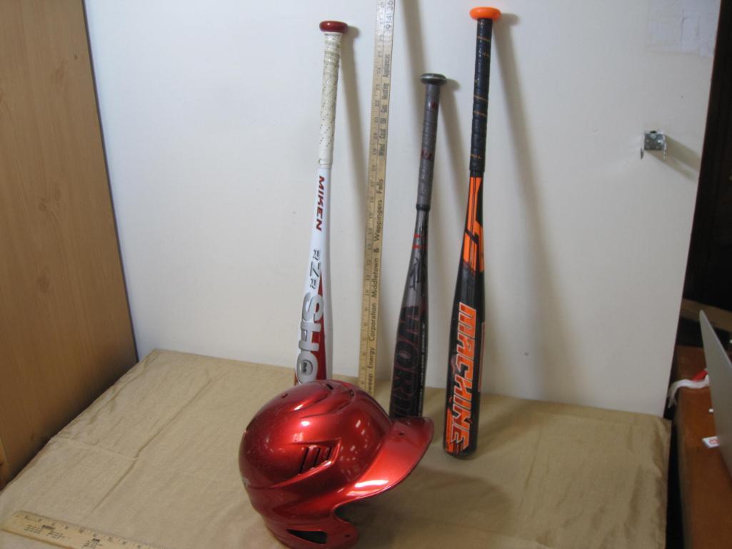 Child's Baseball Helmet and three aluminum baseball bats