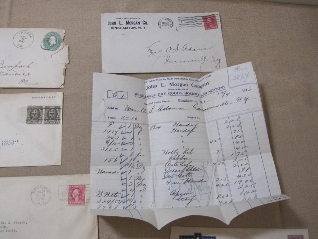 Lot of old stamped envelopes, postmarked from 1888 to 1925. Several contain enclosures, receipts or