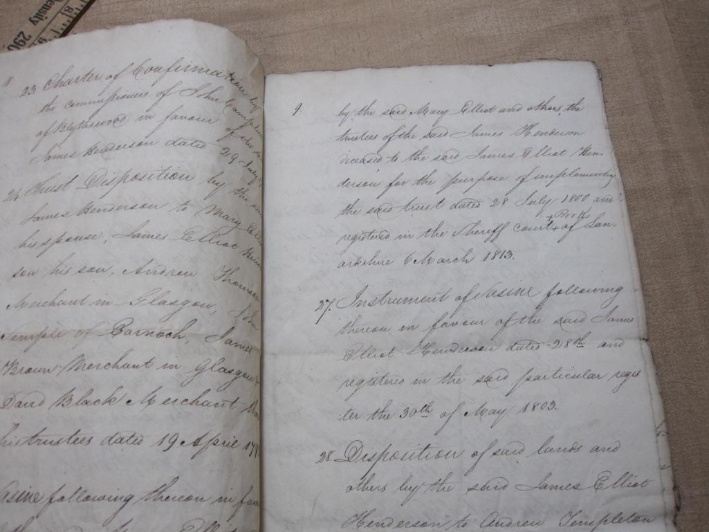 Handwritten 1827 18-plus page "Inventory of the Title Deeds of All and Whole the lands of Enochbank"