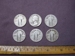 Lot of 6 Silver Quarters including 5 Standing Liberty and 1 Washington (1942), 34.9 g