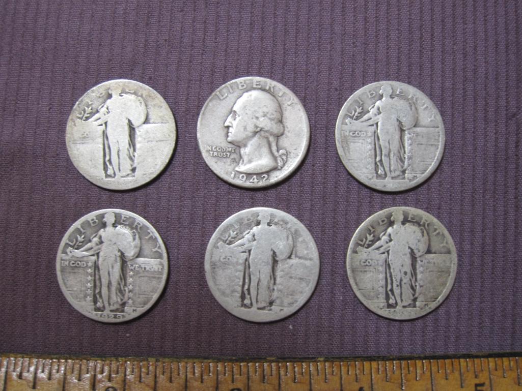 Lot of 6 Silver Quarters including 5 Standing Liberty and 1 Washington (1942), 34.9 g