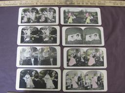 Lot of 8 stereographs, including weddings and humorous scenes, such as "A Glance Through the News,"