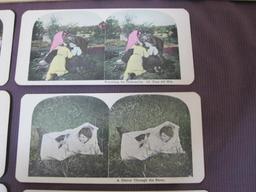 Lot of 8 stereographs, including weddings and humorous scenes, such as "A Glance Through the News,"