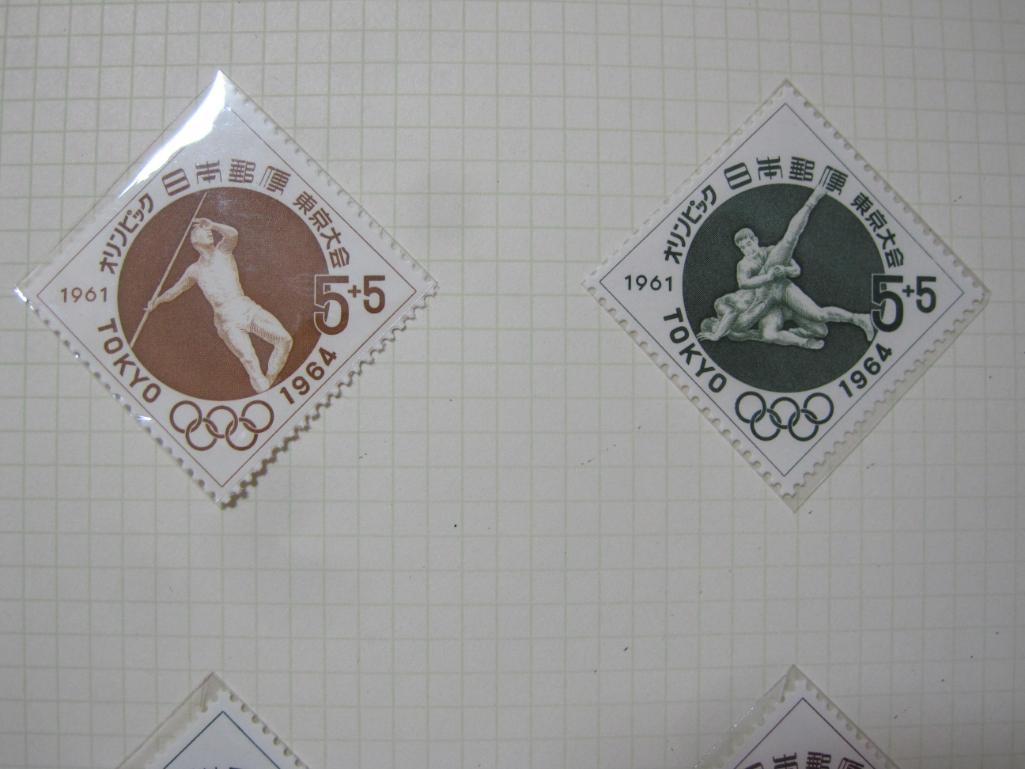 1964 Tokyo Olympics Commemorative Japan 5 yen postage stamps, 12 sports, gum intact