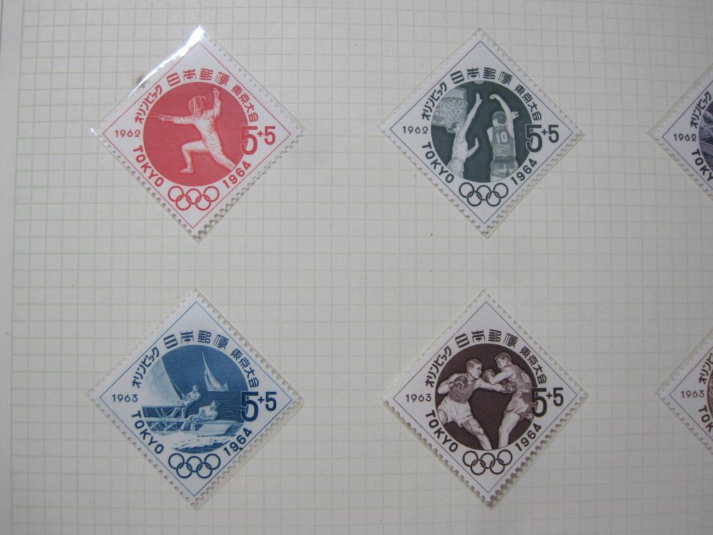 1964 Tokyo Olympics Commemorative Japan 5 yen postage stamps, 12 sports, gum intact