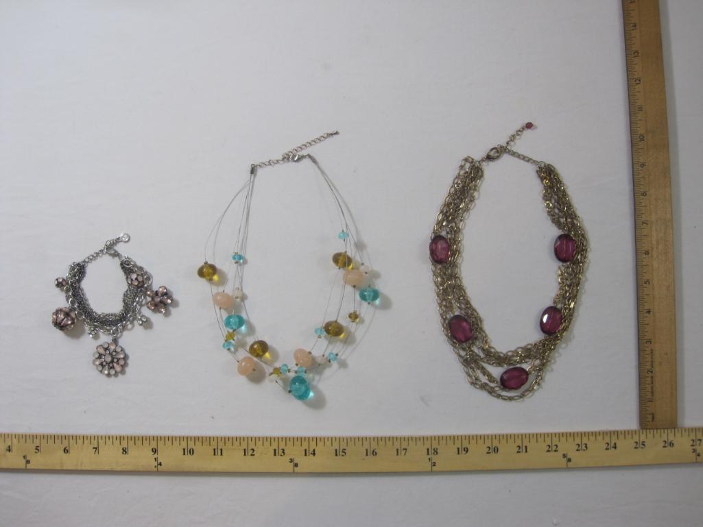 Lot of Fashion Jewelry including silver tone multistrand bracelet with pink gemstones and two