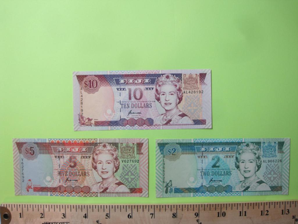Three Notes of Fiji Paper Currency: two, five, and ten dollars