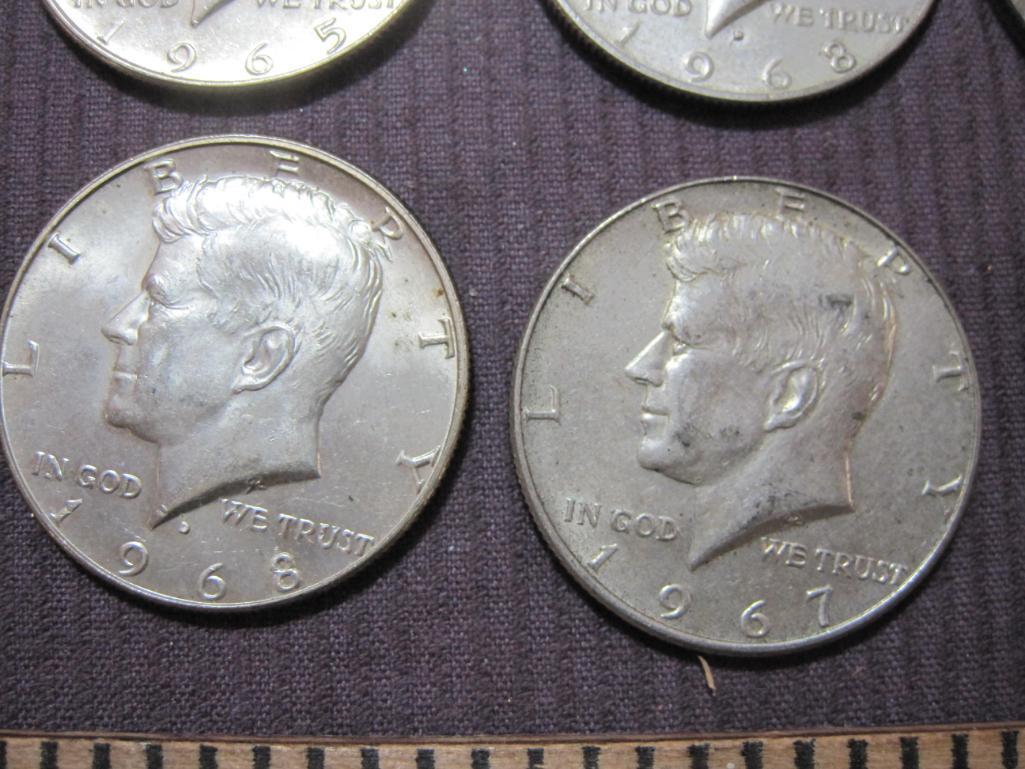 Six JFK Kennedy Half Dollar Coins: 1965, 1967, and (4) 1968-D, 68.4 g