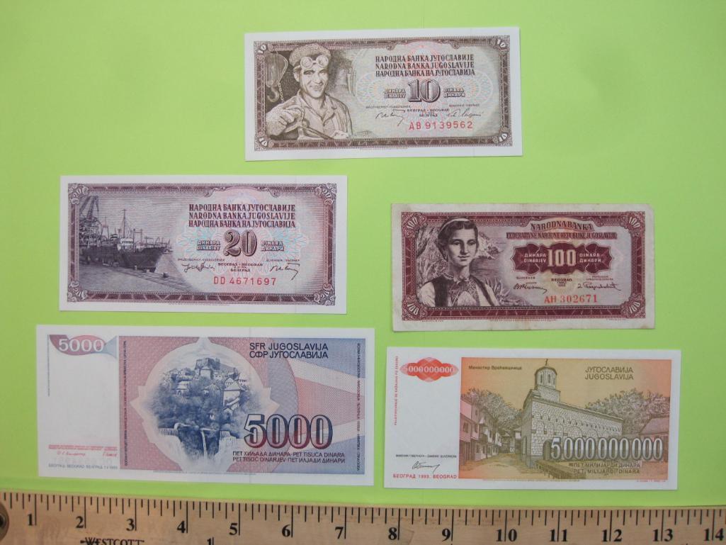 Lot of 5 Paper Currency Notes from Yugoslavia