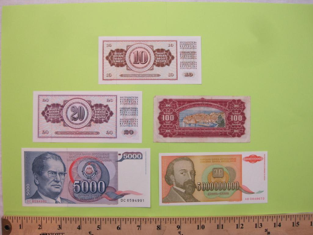 Lot of 5 Paper Currency Notes from Yugoslavia