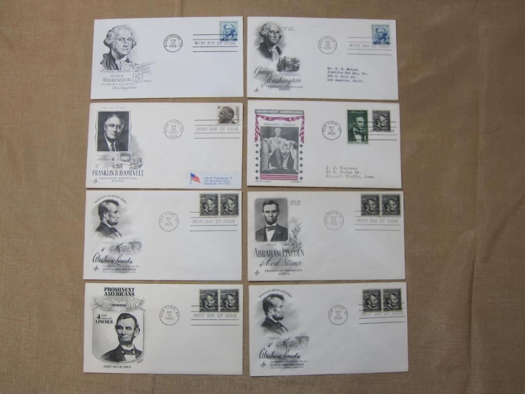 First Day of Issue lot: 5 honoring Abraham Lincoln (4 Nov. 19, 1965, 1 May 28, 1966); 2 George