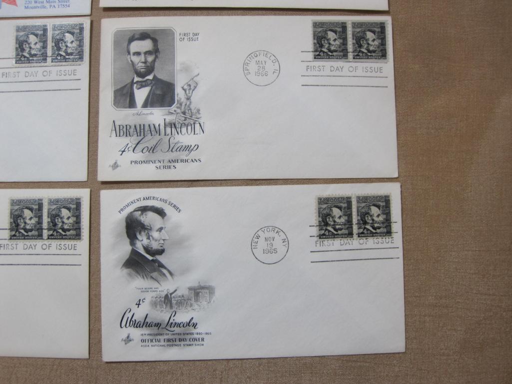 First Day of Issue lot: 5 honoring Abraham Lincoln (4 Nov. 19, 1965, 1 May 28, 1966); 2 George