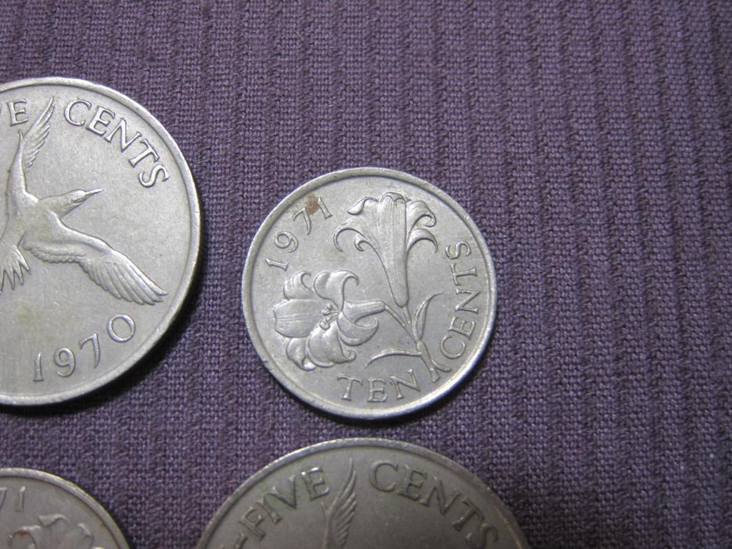 Lot of 7 Bermuda coins: 3 1970 25 cents; 2 1971 10 cents; 1 1973 One Cent; 1 1977 Five Cents.