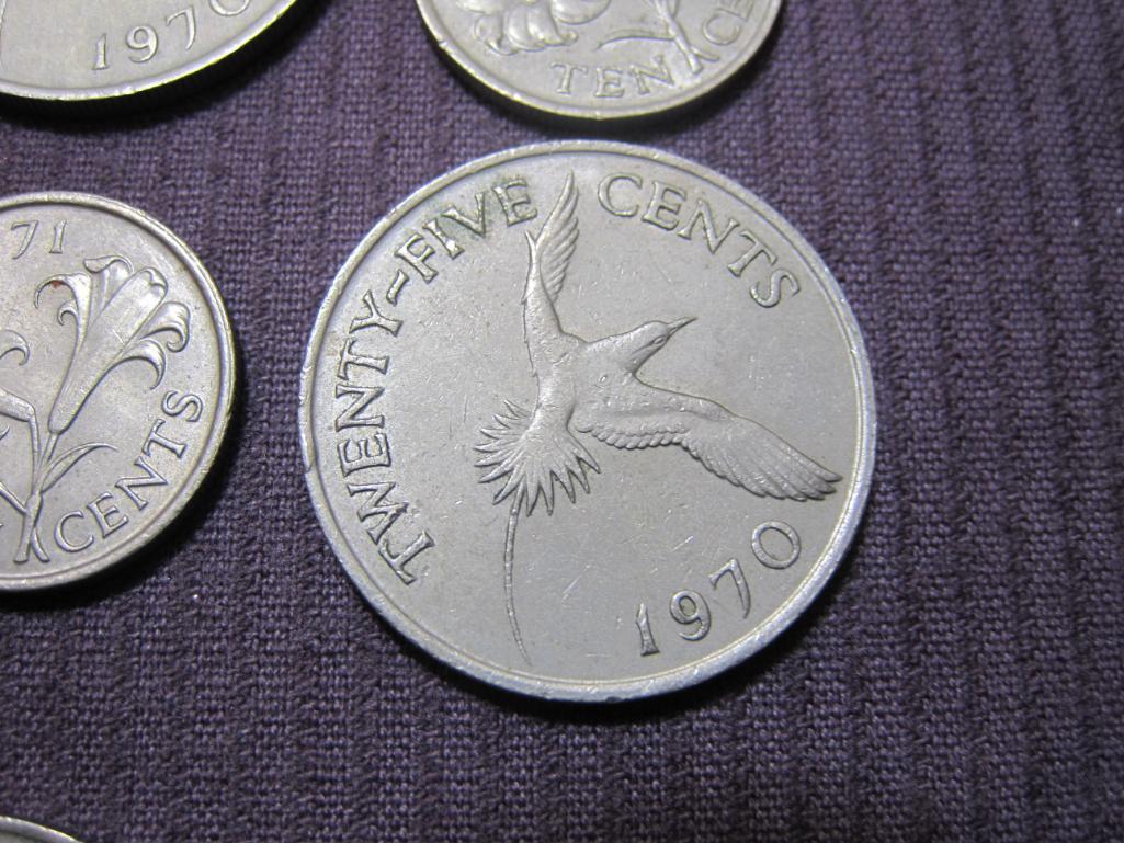 Lot of 7 Bermuda coins: 3 1970 25 cents; 2 1971 10 cents; 1 1973 One Cent; 1 1977 Five Cents.