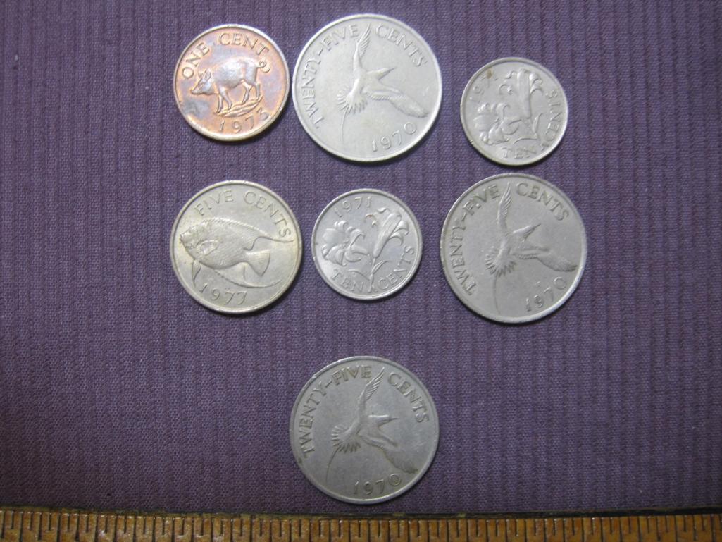 Lot of 7 Bermuda coins: 3 1970 25 cents; 2 1971 10 cents; 1 1973 One Cent; 1 1977 Five Cents.