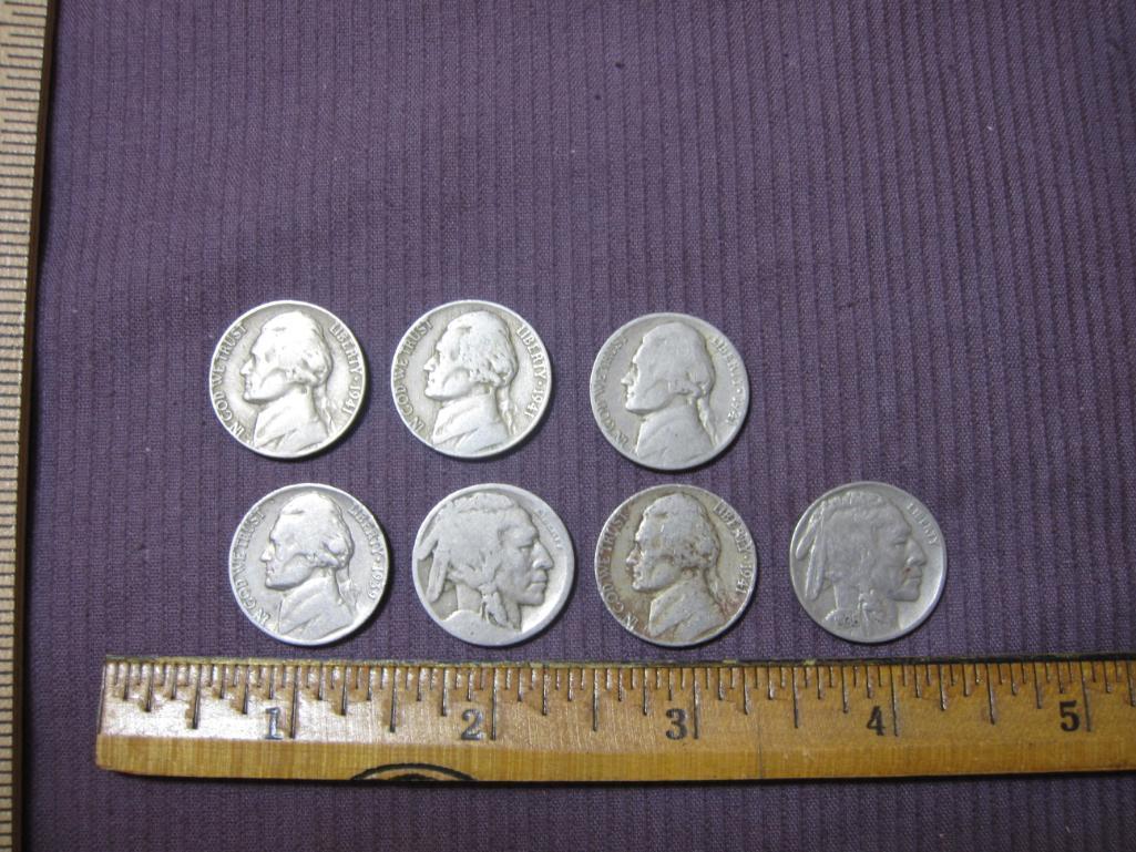 Lot of 7 US Nickels, including 2 Indian head (one of them 1936) and 5 Jefferson nickels (1 1939; 4